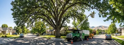 Bucket truck with arborist trimming high tree canopy over a Boise residential street
